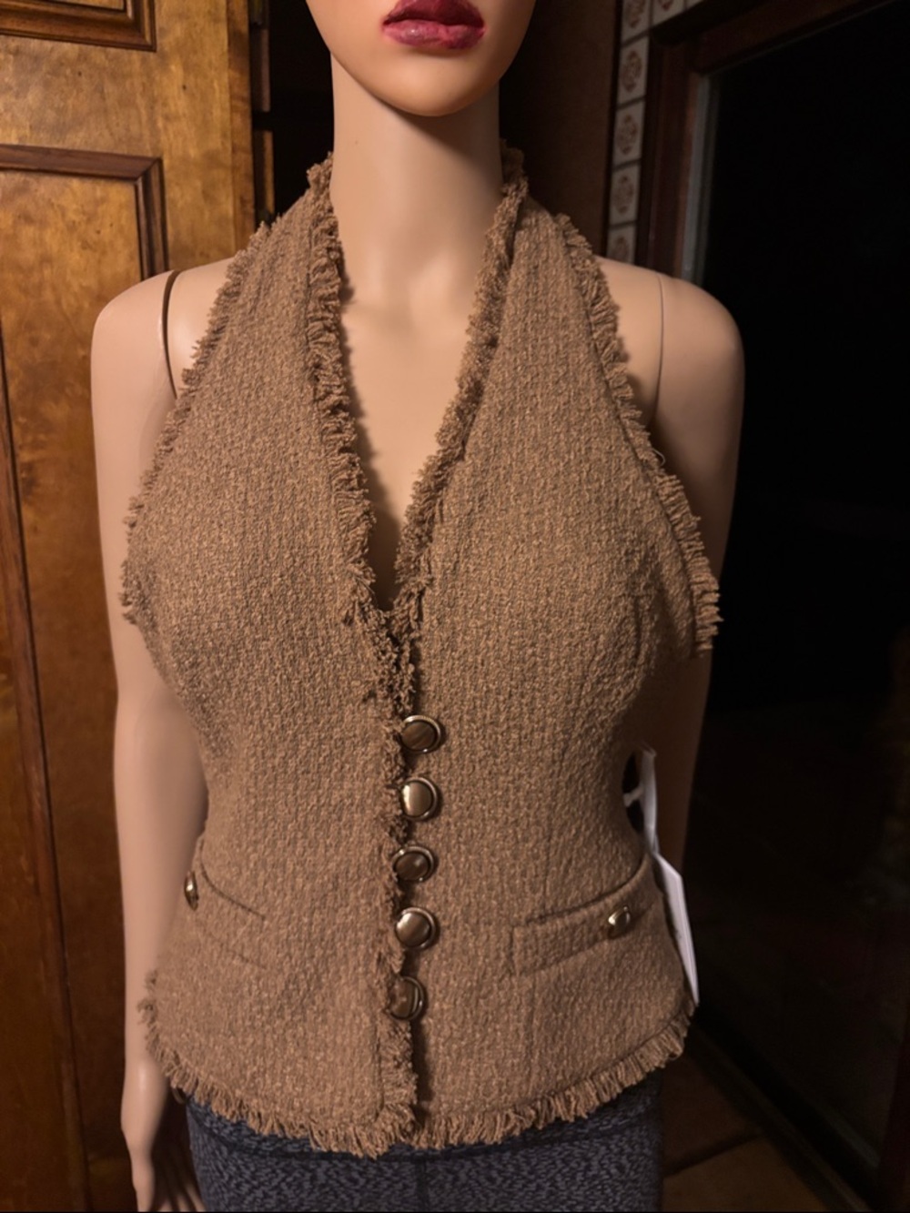 Ronny Kobo Camel Tweed Frayed Hem Vest